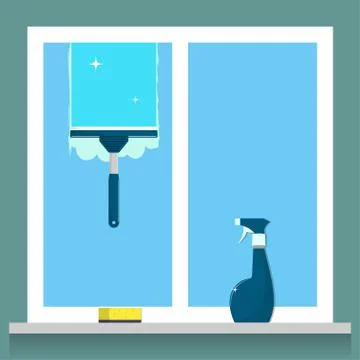 Window cleaning. Glass scraper glides over the glass, making it clean. Spray  Stock Illustration