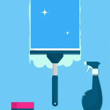 Window cleaning. Glass scraper glides over the glass, making it clean. Spray  Stock Illustration