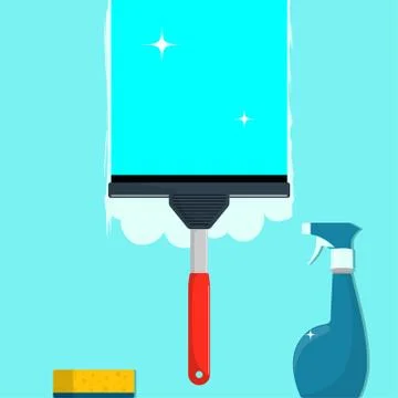 Window cleaning. Glass scraper glides over the glass, making it clean. Spray  Illustrazione stock