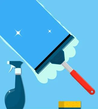 Window cleaning. Glass scraper glides over the glass, making it clean. Spray  Stock Illustration