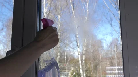 Window cleaning process with using window mop and cleanser. Stock Footage 130634550