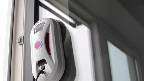 Window cleaning robot. Home work with glass cleaning, technology. modern gadgets Stock Footage 251859328