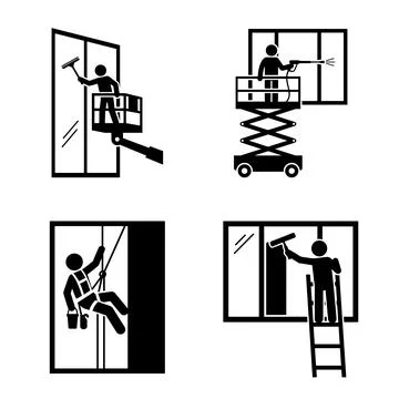 Window cleaning services icons showing workers using boom lift, scissor lif.. Stock Illustration