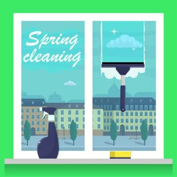 Window cleaning. Spring cleaning concept. Glass scraper glides over the glass Stock Illustration