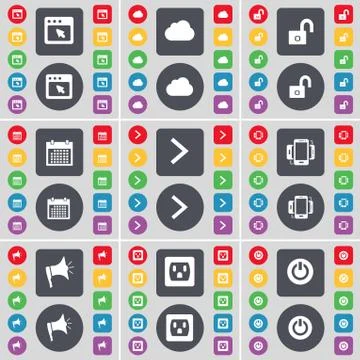 Window, Cloud, Lock, Calendar, Arrow right, Smartphone, Megaphone, Socket, Power 스톡 일러스트