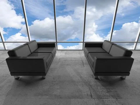 Window with clouds and black leather sofas. 3 d Stock Illustration