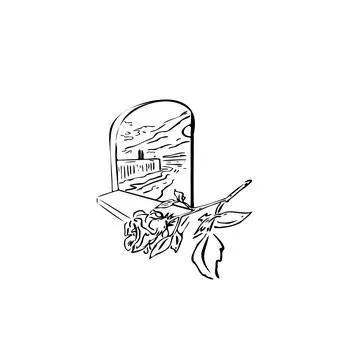 Window, clouds, two silhouettes, flower vector illustration art hand draw . Stock Illustration