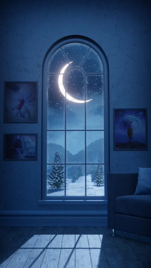 Window with crescent moon and snowfall view Stock Footage 302526376