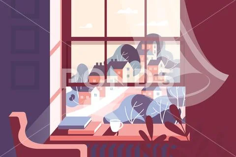 Window with cup of hot drink and books on windowsill against background of city. Stock Illustration