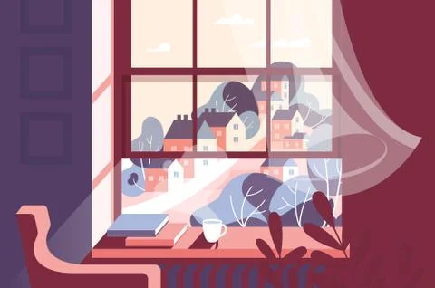 Window with cup of hot drink and books on windowsill against background of city. Stock Illustration