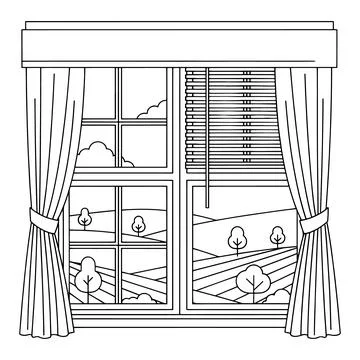 Window with Curtains and Blinds Open Showing Countryside View Stock Illustration