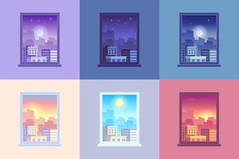 Window day time view. Sunrise and sun dawn morning noon and sunset dusk day.. Illustrazione stock