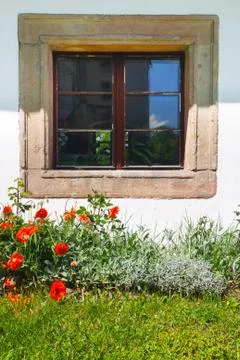 Window decorated with flowers Stock Photos