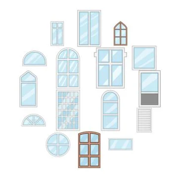 Window design types icons set, cartoon style Ilustración de archivo