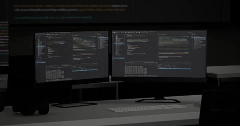 Window Desktops Showing Code On Black Screen Background On The Table In Front Stock Footage 245288833