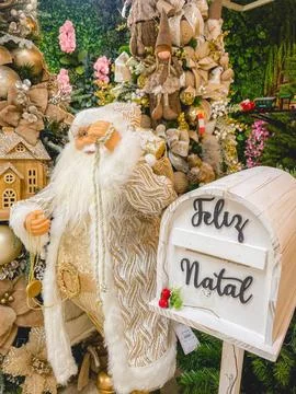 Window display full of Christmas items. In a Shopping Mall in São Paulo. Stock Photos