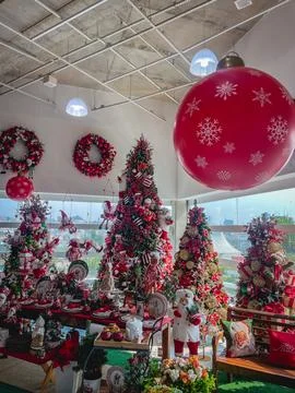 Window display full of Christmas items. In a Shopping Mall in São Paulo. Stock Photos