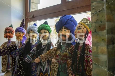 Window display of puppets, Uzbekistan Stock Photos