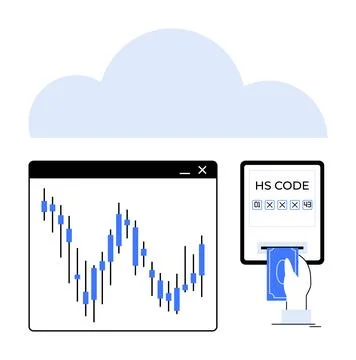 Window displaying financial chart, hand scanning card to enter HS code on dig 库存插图