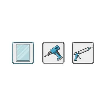 Window, drill, and caulk gun square icons Stock Illustration