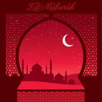 Window 'Eid Mubarak' (Blessed Eid) card in vector format. Stock Illustration