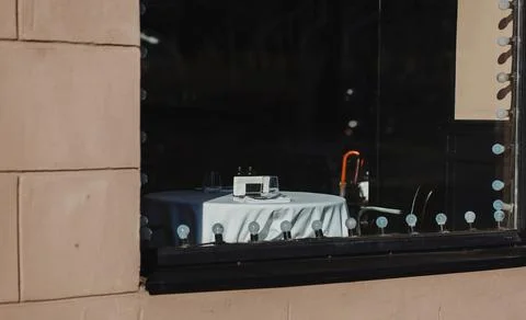 Window at empty bistro in Europe Stock Photos