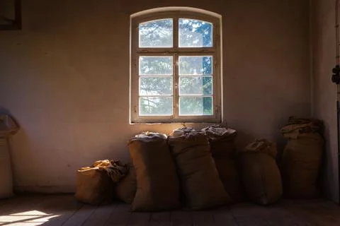 Window facade with sacks Stock Photos