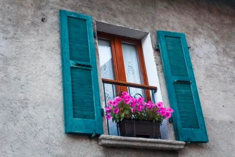 Window with a flowerpot on a window sill Stock Photos