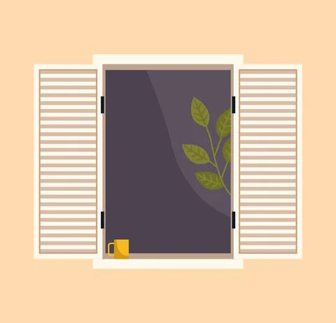Window with flowerpots. Large window with curtains and open shutters vector Ilustración de archivo