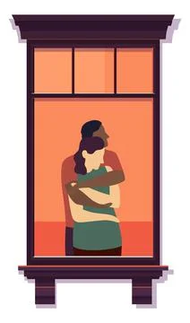 Window frame with hugging people inside. Neighbor couple life Ilustração Stock