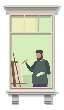 Window frame with man painting inside. Artist neighbor Illustrazione stock