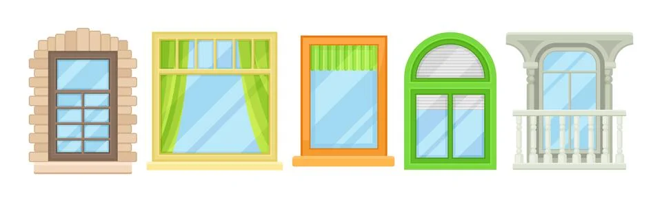 Window in Frame as Opening in Wall for Passage of Light Vector Set Stock Illustration