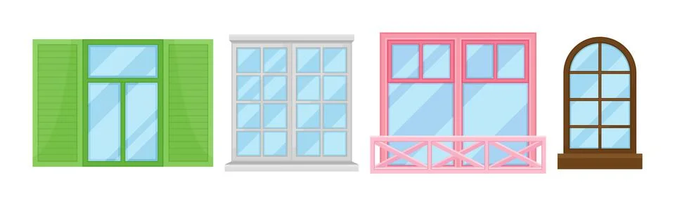 Window in Frame as Opening in Wall for Passage of Light Vector Set Stock Illustration