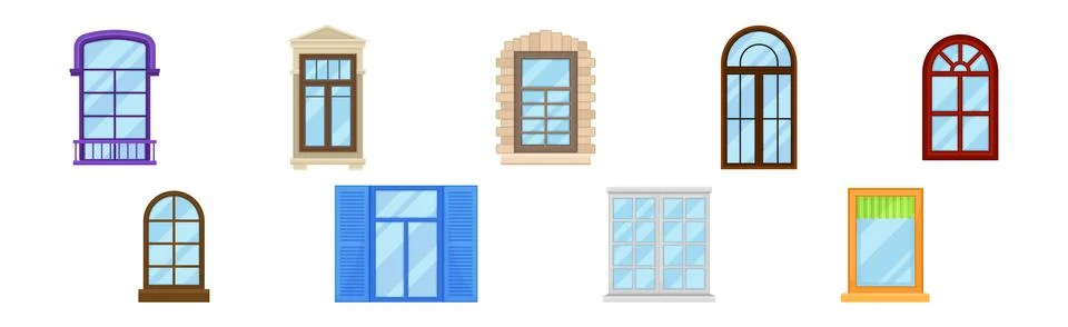 Window in Frame as Opening in Wall for Passage of Light Vector Set Stock Illustration