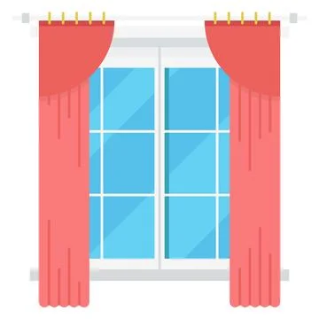 Window frame with pink curtains. Cartoon interior element Stock Illustration