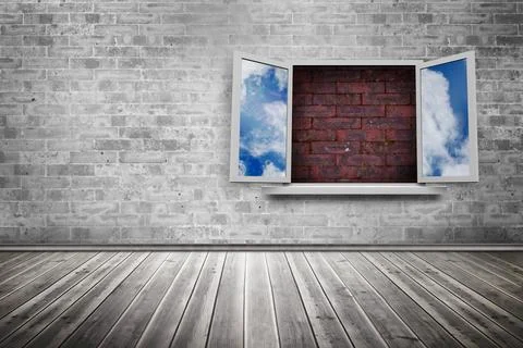 Window frame on red brick wall Stock Photos