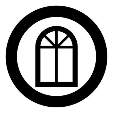 Window frame semi-round at the top Arch window icon in circle round black col Stock Illustration