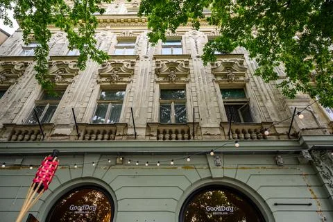 Window frames on building in Old Town, Bratislava Stock Photos