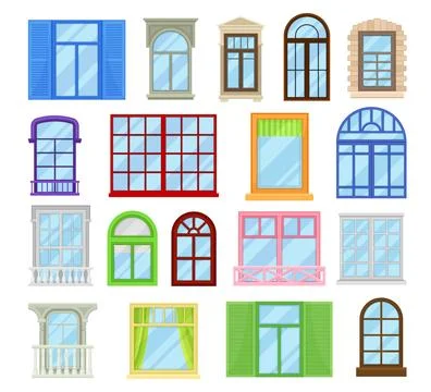 Window frames set. view isolated on house wall. Retro, classic and modern イラスト素材