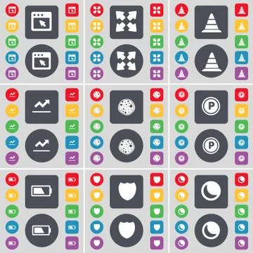 Window, Full screen, Cone, Graph, Pizza, Parking, Battery, Badge, Moon icon symb Illustrazione stock
