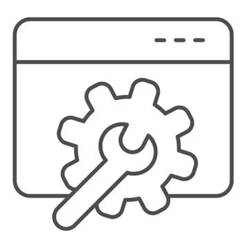 Window with gear and wrench thin line icon. Web application control settings Illustrazione stock