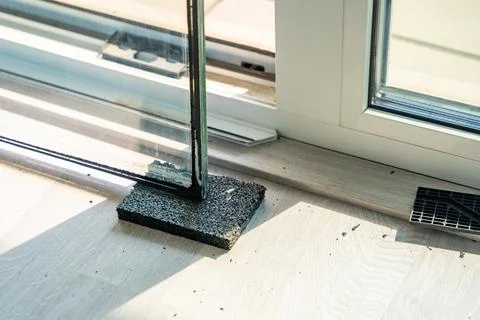 Window glass panel placed on rubber support pad during replacement process in Stock Photos