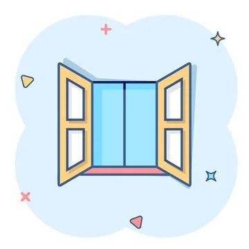 Window icon in comic style. Casement cartoon vector illustration on isolate.. Ilustración de archivo