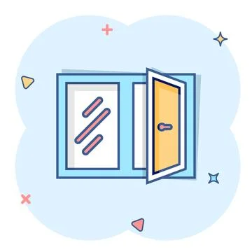 Window icon in comic style. Casement cartoon vector illustration on isolate.. Ilustración de archivo