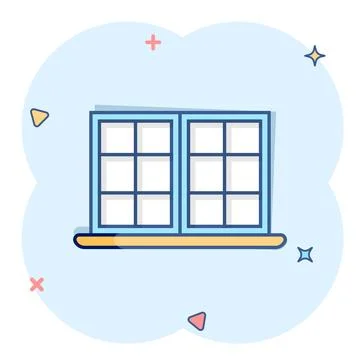 Window icon in comic style. Casement cartoon vector illustration on isolate.. Ilustración de archivo