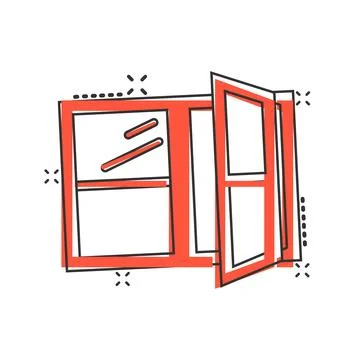 Window icon in comic style. Casement cartoon vector illustration on isolate.. Ilustración de archivo