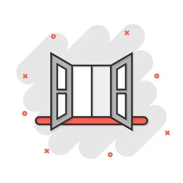 Window icon in comic style. Casement cartoon vector illustration on isolate.. Ilustración de archivo