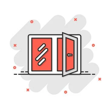 Window icon in comic style. Casement cartoon vector illustration on isolate.. Ilustración de archivo