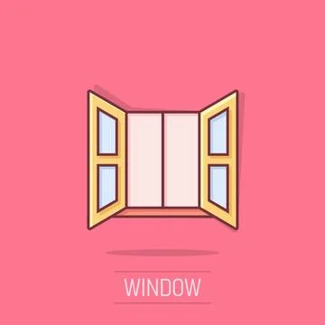 Window icon in comic style. Casement cartoon vector illustration on isolate.. Ilustración de archivo
