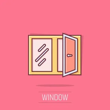 Window icon in comic style. Casement cartoon vector illustration on isolate.. Ilustración de archivo